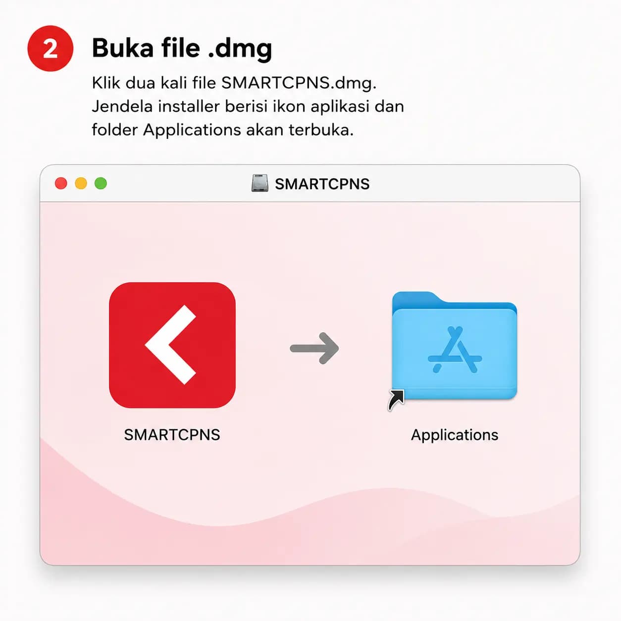 Langkah 2: Buka file .dmg — Klik dua kali file SMARTCPNS.dmg. Jendela installer berisi ikon aplikasi dan folder Applications akan terbuka.